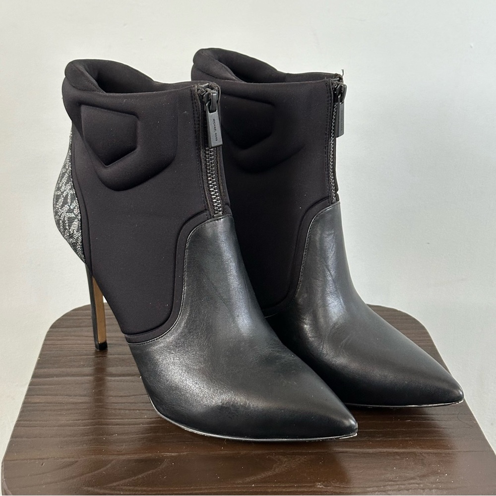 Black Michael Kors logo + leather stiletto ankle boots